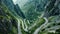 Scenic Winding Mountain Road in the Heart of a Valley, A winding and treacherous mountain road viewed from above, AI Generated