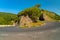 Scenic winding road bend in Anaga mountain range anainst bright blue sky Tenerife, Spain.