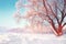 Scenic winter background. Snowy frosty tree on bright sunny day. Natural scene after snowfall. Hoarfrost on the branches of trees