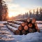 Scenic winter forest Sunset, pile of pine logs background