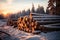 Scenic winter forest Sunset, pile of pine logs background