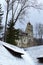 Scenic winter landscape of Bran Castle on the hill. Also called Dracula`s Castle. Famous touristic place and travel destination