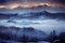 Scenic winter landscape of night sky over mountain range.