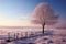 Scenic winter panorama adorned by a single, elegant, lone tree