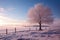 Scenic winter panorama adorned by a single, elegant, lone tree