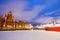 Scenic winter view the frozen Old Port in Katajanokka district with Uspenski Orthodox Cathedral in Helsinki Finland