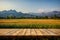 Scenic wooden table amidst a sunlit field with mountain backdrop