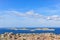 A scenics aerial view of the city of Marseille, bouches-du-rhone, France with a cruise ship and rocky island in the background at