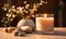 Scented Candle Burning Serenely with Dry Flowers and Smooth Pebbles Set on a Beige Table, Evoking a Sense of Calm and Mindfulness