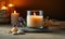 Scented Candle Burning Serenely with Dry Flowers and Smooth Pebbles Set on a Beige Table, Evoking a Sense of Calm and Mindfulness