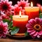 Scented candles with flowers, warm love glowing romantic celebration scene