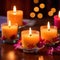 Scented candles with flowers, warm love glowing romantic celebration scene