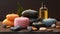 Scented candles, oil and stones for massage on the table. The concept of beauty and relaxation. AI generated