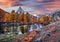 Scented larch on Grindjisee lake, Swiss Alps, Zermatt resort location, Switzerland, Europe. Gorgeous autumn sunrise with Matterhor