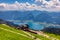 Schafberges aufgenommen, Mountain landscape in Salzkammergut, Upper Austria. View from Schafberg peak to Mondsee, Austria.