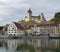 Schaffhausen, SH / Switzerland - April 22, 2019: Munot castle and Rhine River with Schaffhausen cityscape view