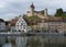 Schaffhausen, SH / Switzerland - April 22, 2019: Munot castle and Rhine River with Schaffhausen cityscape view