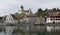 Schaffhausen, SH / Switzerland - April 22, 2019: Munot castle and Rhine River with Schaffhausen cityscape view