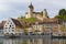 Schaffhausen, SH / Switzerland - April 22, 2019: Munot castle with Schaffhausen cityscape view