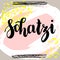 Schatzi - sweetheart in German. Happy Valentines day card, Hand-written lettering on colorful abstract background
