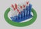 Schematic representation of research and development results. Abstract graph chart in blue, red and white. Green circle. Healthcar