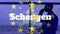 Schengen text and yellow stars spinning around EU map against man drinking coffee