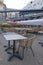 Scheveningen, The Netherlands - May 14 2020: Empty restaurant outdoor terrace tables waiting for new customers after