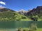 Schiberg, Zindlenspitz and Himmelchopf Mountains above the valley Wagital or Waegital and alpine Lake Wagitalersee Waegitalersee