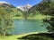 Schiberg, Zindlenspitz and Himmelchopf Mountains above the valley Wagital or Waegital and alpine Lake Wagitalersee Waegitalersee