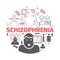 Schizophrenia banner. Symptoms, Treatment. Icons set. Vector signs for web graphics.