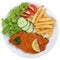 Schnitzel chop cutlet meal with french fries on plate isolated