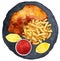 Schnitzel with french fries, sauce and lemon on black background
