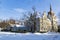 Schoenborn Palace Beregvar Castle in snow. Ukraine