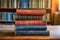 Scholarly collection Book stack on a wooden table background