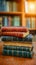 Scholarly collection Book stack on a wooden table background