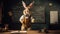 A scholarly rabbit stands at the front of the class, holding chalk and facing the blackboard