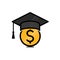 scholarship symbol vector logo, dollar coin wearing a graduation hat, student loan, money loan for education