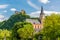 Schonburg Castle and Church of Our Lady at Rhine Valley near Oberwesel, Germany.