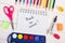 School accessories for education on white boards, back to school in notepad