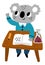 School animal character. Funny forest student in uniform. Cartoon koala pupil sitting at classroom table. Chemistry