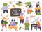 School animals flat icons set. Cute cartoon crocodile, fox, mouse, zebra,frog go for study and read books