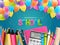 School background. Realistic vector illustration with colorful balloons, study supplies