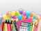 School background. Realistic vector illustration with colorful balloons, study supplies