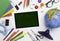 School background. Stationery and a globe around a rectangle in the form of a blackboard. Free space for text, white background, t