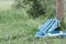 School backpack, laptop, notebook laying in park near tree