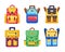 School backpack set. Kids rucksack, knapsack isolated on white background. Bag with supplies, ruler, pencil, paper. Pupil satchel