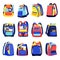 School backpacks icons, isolated on white background. Vector flat cartoon illustration of multicolor kids rucksacks