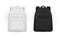 School backpacks with zippered pockets white and black realistic mockups set. Schoolbag, knapsacks.