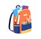 School bag full of stationery, books and supplies in pockets. Open schoolbag with pens and pencils. Schoolkids backpack