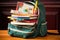 school bag, overflowing with textbooks and supplies